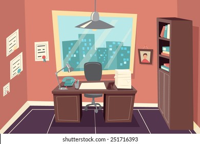 Stylish Business Working Office Room Background Desk City Window File Cabinet Retro Cartoon Design Template Concept Vector Illustration