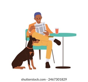 Stylish businessman cartoon character with dog animal visiting pet friendly cafe isolated on white