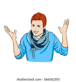 Stylish businessman. Cartoon male character. Fashionable man wearing a scarf. Happy man with raised hands.