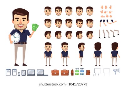 Stylish businessman character creation kit. Creat your own pose, action, animation. Diverse poses, gestures, emotions, design elements. Flat style vector illustration