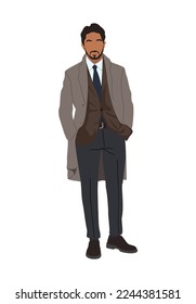 Empresario elegante con ropa de abrigo formal - traje con corbata y abrigo. Hombres guapos en ropa de negocios para el tiempo frío, invierno o primavera. Ilustración vectorial realista aislada en fondo blanco.