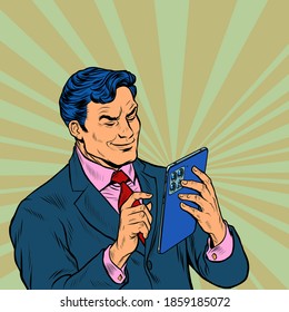 Stylish businessman looks at a modern gadget tablet, works with a touchscreen. Pop art retro illustration 50s 60s kitsch vintage style