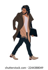 Empresario elegante con ropa de abrigo elegante e informal - abrigo y bufanda. Un hombre guapo en el traje de negocios para el tiempo frío, invierno o primavera, retener la carpeta. Ilustración vectorial realista aislada en blanco