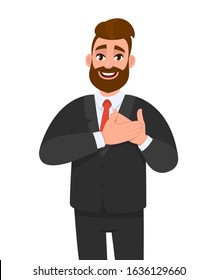 Stylish businessman smiling with hands on chest and grateful gesture. Trendy young hipster person has friendly expression & keeps hands on heart. Man expresses love, thankful feelings. Vector cartoon.