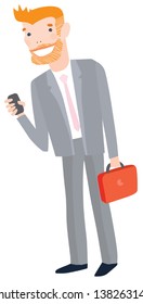 Stylish Businessman in a Suit Holding Mobile Phone and Laptop