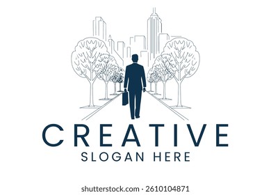 Stylish businessman walking towards city. Modern minimalist ideal for business concepts