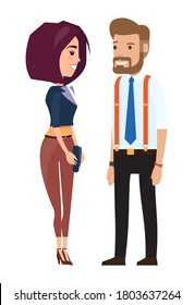 Stylish businessmen. Cartoon man and wooman characters in fashion clothes. Bearded man in a shirt with a tie, suspender pants. Fashionable businesswoman with clutch bag in hand flat style illustration