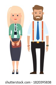 Stylish businessmen. Cartoon man and wooman characters in fashion clothes. Bearded man in a shirt with a tie, suspender pants. Blonde businesswoman with clutch bag in hand flat style illustration