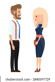 Stylish businessmen. Cartoon man and wooman characters in fashion clothes. Bearded man in a shirt with a tie, suspender pants. Fashionable businesswoman with clutch bag in hand in a dark blue suit