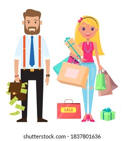 Stylish businessmen and cute young girl. Happy woman holding a lot of gifts and purchases in bags. A man holding in his hand a briefcase from which money is sticking out and dollar bills are pouring