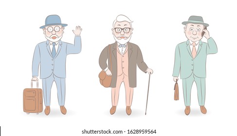 Stylish businessmen set. Cartoon male characters.Old men in fashion clothes. Cartoon style vector illustration.