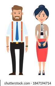 Stylish businesspeople wearing office suits. Businessman in shirt, tie, suspenders and trousers with belt, hand watch, bracelet. Businesswoman wear elegance cloth, holding hand bag. Office dresscode