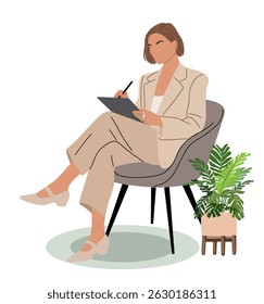 Stylish businesswoman in beige suit sitting in armchair, writing on tablet. Modern office concept, digital workflow, remote work illustration. Isolated vector on white background