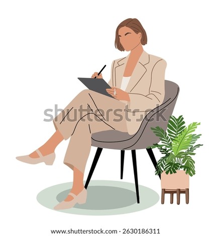 Stylish businesswoman in beige suit sitting in armchair, writing on tablet. Modern office concept, digital workflow, remote work illustration. Isolated vector on white background