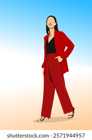 Stylish businesswoman confidently strides forward, wearing a vibrant red suit and black top