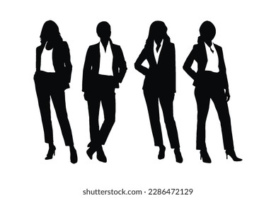 Stylish businesswoman silhouette vector collection. Business ladies silhouette set wearing suits and standing in different poses. Modern female business and office staff silhouette bundle.