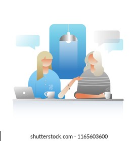 Stylish businesswoman working in the office, new projects, discuss social network, news, chat, dialogue speech bubbles, girl boss concept. Flat vector illustration. Characters design. 