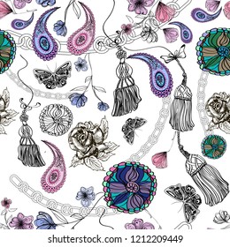 stylish butterflies, paisley, flowers and chains on white background, seamless vector illustration, design for textile texture, wallpaper, paper, covers