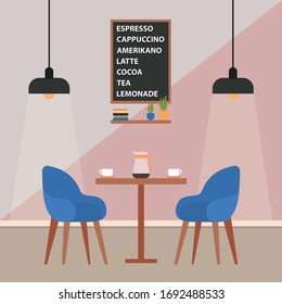 Stylish cafe with bright accents. Coffee shop with light walls. Vector illustration