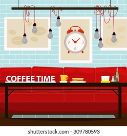 Stylish cafe interior with blue tile wall and bright red divan
