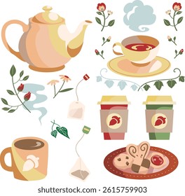 Stylish cafe tea illustration material set