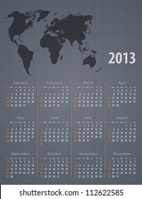 Stylish calendar 2013 world map linen texture. Sundays first. Vector illustration