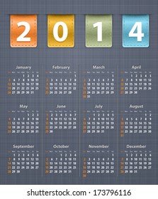 Stylish calendar for 2014 on linen texture with color leather insertions. Vector illustration