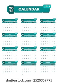 stylish calendar for 2025 featuring all months, modern layout, and sleek green design
