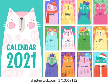 Stylish Calendar, With Cute Cats, Vector Illustration