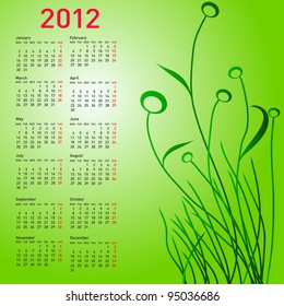 Stylish calendar with flowers for 2012. Week starts on Sunday. Rasterized version also available in portfolio.