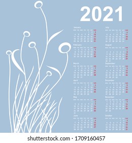 Stylish calendar with flowers for 2021. Week starts on Monday