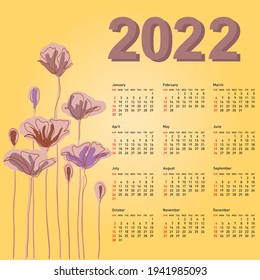 Stylish calendar with flowers for 2022. Week starts on Sunday.