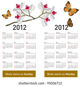 Stylish calendar with flowers and butterflies for 2012. Week starts on Monday. Rasterized version also available in portfolio.