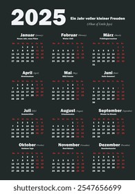 Stylish calendar in German for 2025 in black and red. Minimalist design, ideas for offices. Weekends are highlighted in red for convenient planning of the working week.