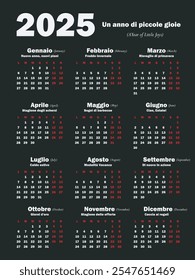 Stylish calendar in Italian for 2025 in black and red. Minimalist design, ideas for offices. Weekends are highlighted in red for convenient planning of the working week.