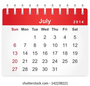 Stylish calendar page for July 2014 (week starts from Sunday)