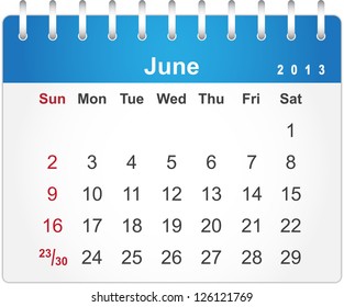 Stylish calendar page for June 2013 (week starts from Sunday)