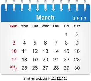 Stylish calendar page for March 2013 (week starts from Sunday)