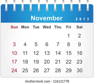 Stylish calendar page for November 2013 (week starts from Sunday)