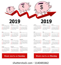 Stylish calendar Pig piggy bank for 2019 Sundays first