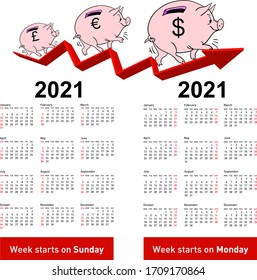 Stylish calendar Pig piggy bank for 2021 Sundays first