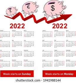 Stylish calendar Pig piggy bank for 2022 Sundays first
