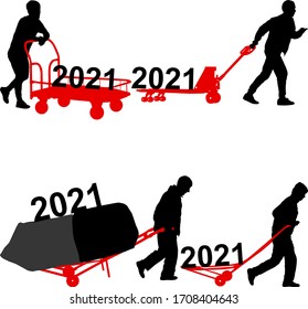 Stylish calendar with silhouette hard worker pushing wheelbarrow and carry big box for 2021