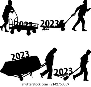 Stylish calendar with silhouette hard worker pushing wheelbarrow and carry big box for 2023.