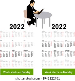 Stylish calendar with silhouette man sitting behind computer for 2022.