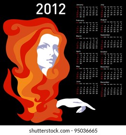 Stylish calendar with woman  for 2012. Week starts on Sunday. Rasterized version also available in portfolio.