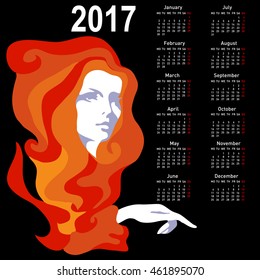 Stylish calendar with woman for 2017. Week starts on Monday.