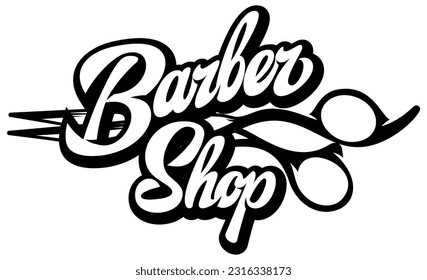 Stylish calligraphic inscription Barber shop with scissors. Element for design. Vector monochrome illustration.