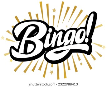 Stylish calligraphic inscription Bingo with diverging rays. Vector color, editable illustration. Template for design.