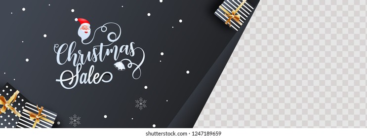 Stylish calligraphy of christmas sale with cute santa and gift boxes on black background with space for your product image. Website header or banner design.